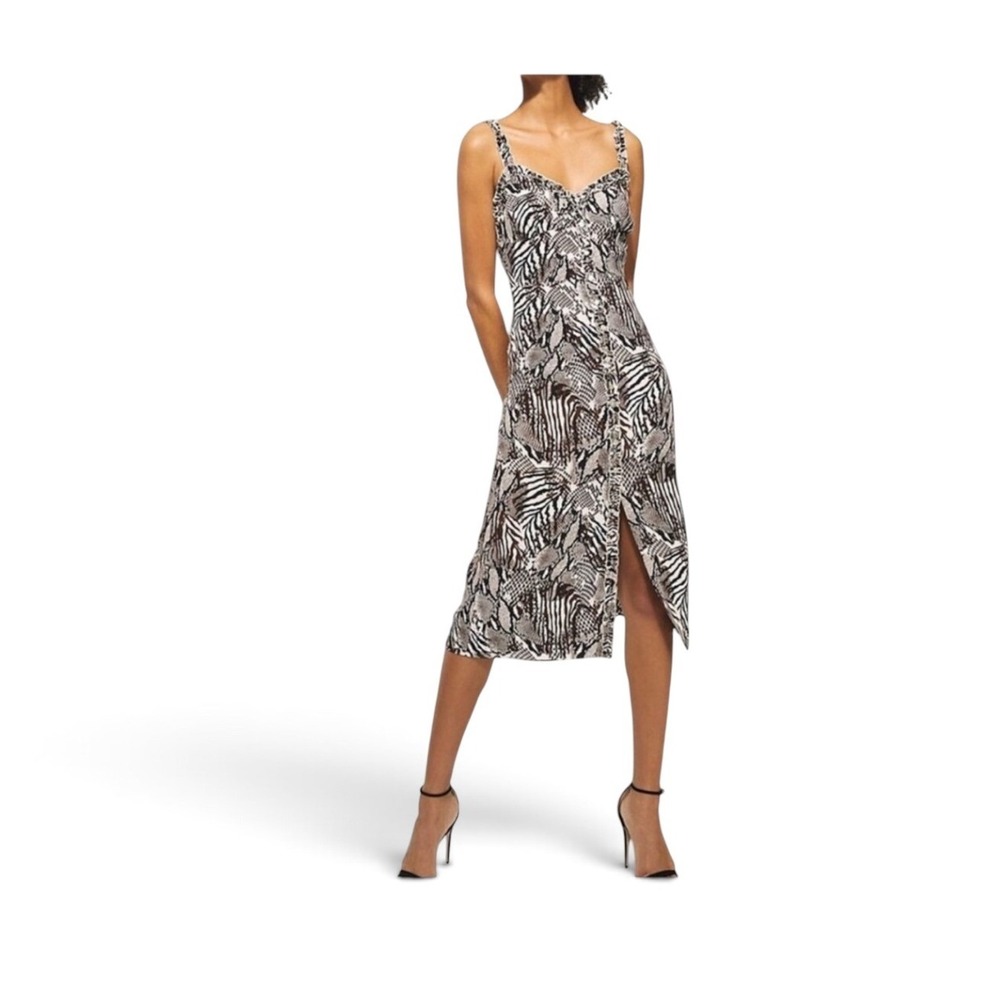 Boho Animal Print Wilfred Aritzia Snake Zebra Midi Ruffle Dress Brown 6